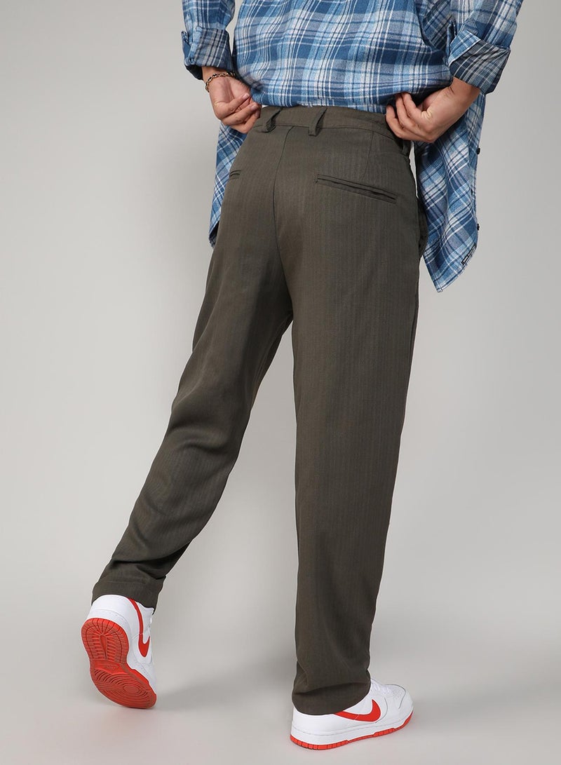 Campus Sutra Men's Olive Green Tailored Linen-Blend Trousers For Casual Wear | Tailored Fit | 4 Pockets | Drawstring Closure | Trousers Crafted With Comfort Fit For Everyday Wear - Image 5